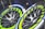 Two racing tires with vibrant yellow-green and blue accents are shown, featuring detailed tread patterns and the brand name Michelin visible on the sidewall. The rims are sleek and metallic with a modern design.