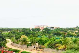 A large building is situated amid a lush green landscape with several trees, shrubs, and a winding road. The structure is multi-storied and surrounded by a mix of urban and natural elements.