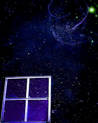 A transparent glass door revealing a starry cosmic scene beyond.