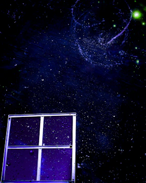 A transparent glass door revealing a starry cosmic scene beyond.