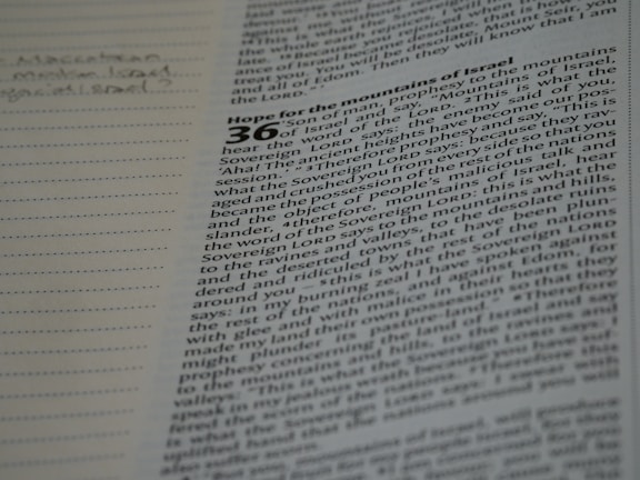 A page from a book with text that appears to be from the Bible. The text is partially in focus and discusses a prophecy to the mountains of Israel. Notes are handwritten in the margin on the left side of the page.