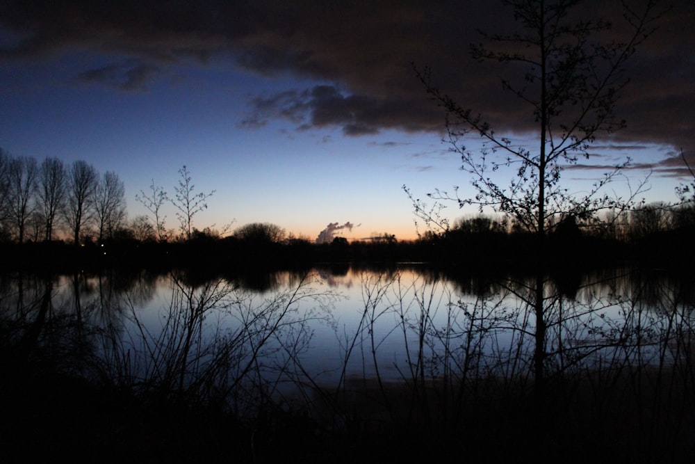 a body of water surrounded by trees and a cloudy sky