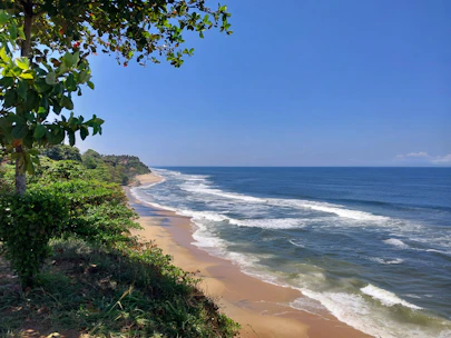 A scenic view of a beautiful beach with gentle waves and lush greenery in the background.