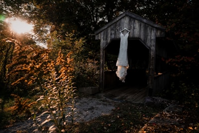 A lace wedding dress hangs on a wooden structure resembling a small barn or shack. The scene is set during sunset, with sunlight filtering through trees, casting a warm glow on the dress and surrounding foliage. Wildflowers in the foreground add to the rustic atmosphere, while the deep woods and shadows in the background create contrast.