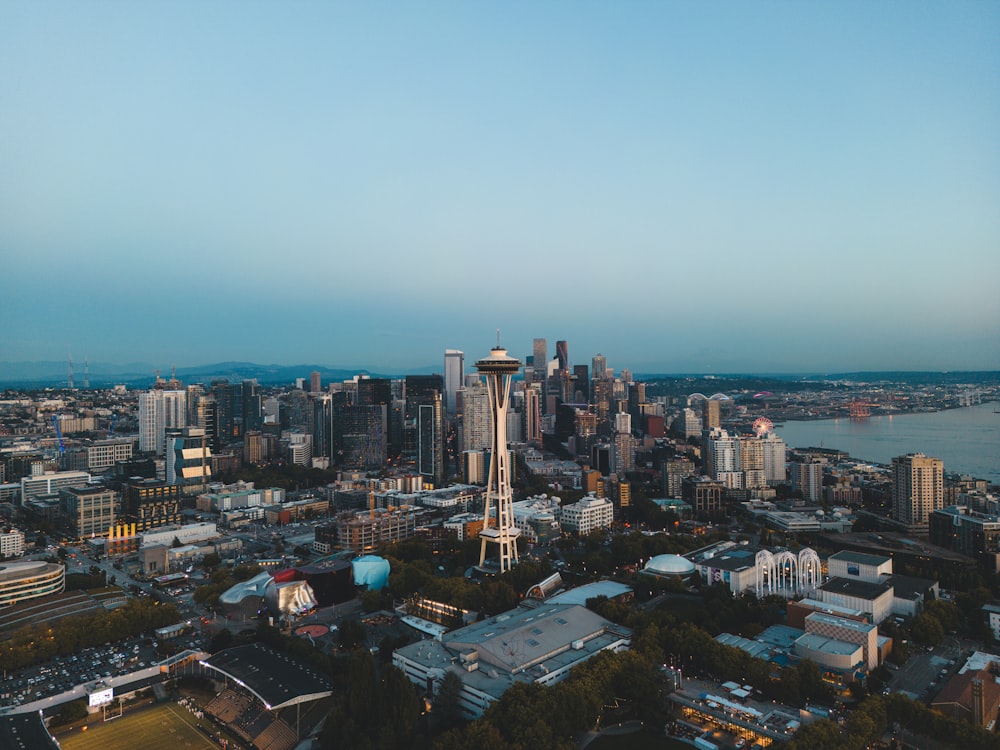 an aerial view of a city with tall buildings