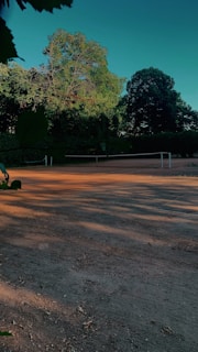 RedRacket’s bocce courts nestled among green trees under a clear blue sky.