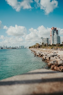 a view of a body of water with a city in the background