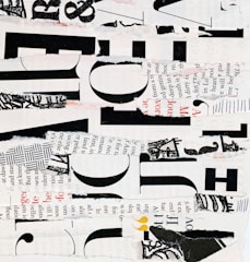 a collage of black and white letters and numbers