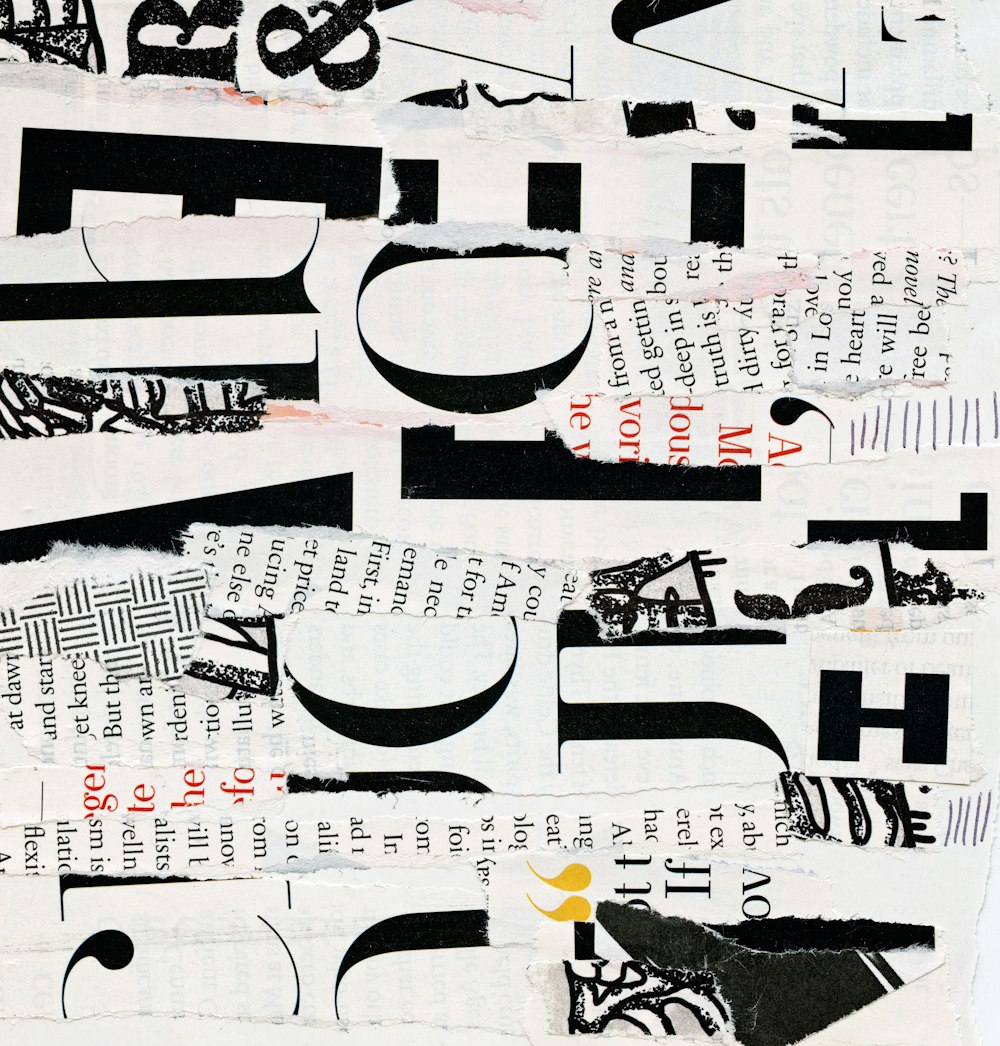 a collage of black and white letters and numbers