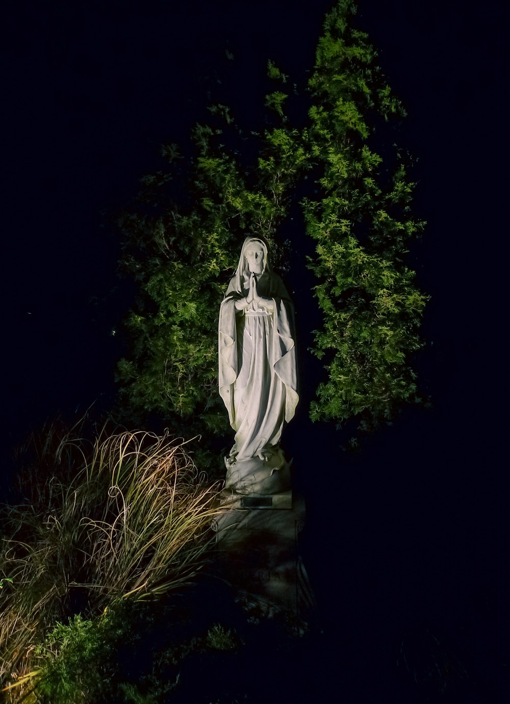 a statue of a woman standing next to a tree