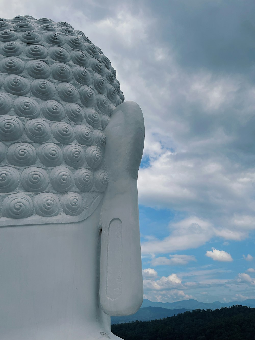 a large white buddha statue with a sky background