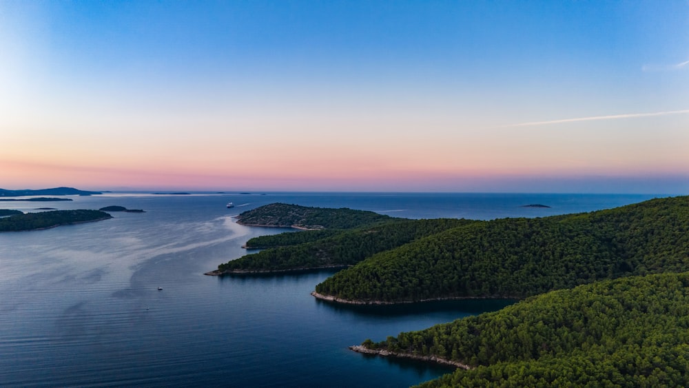 an aerial view of a body of water surrounded by trees