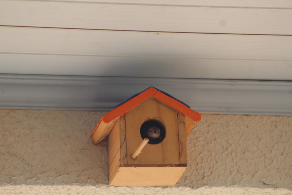 a bird house with a bird inside of it