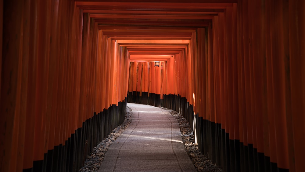 a walkway lined with red gates leading into the distance
