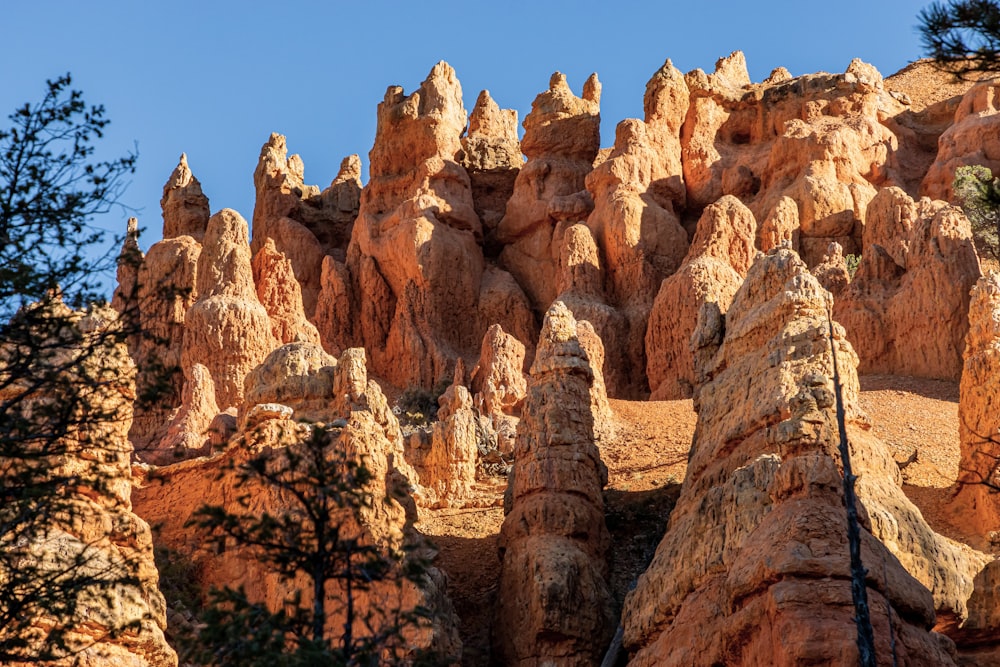 a group of rock formations with trees in the foreground