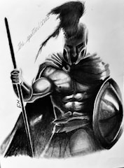 A detailed black and white drawing of a muscular warrior wearing a helmet with a plume and holding a spear and shield. The armor and cloak cover one shoulder, showcasing a strong and imposing stance. The shading emphasizes the contours of the muscles and the texture of the clothing.