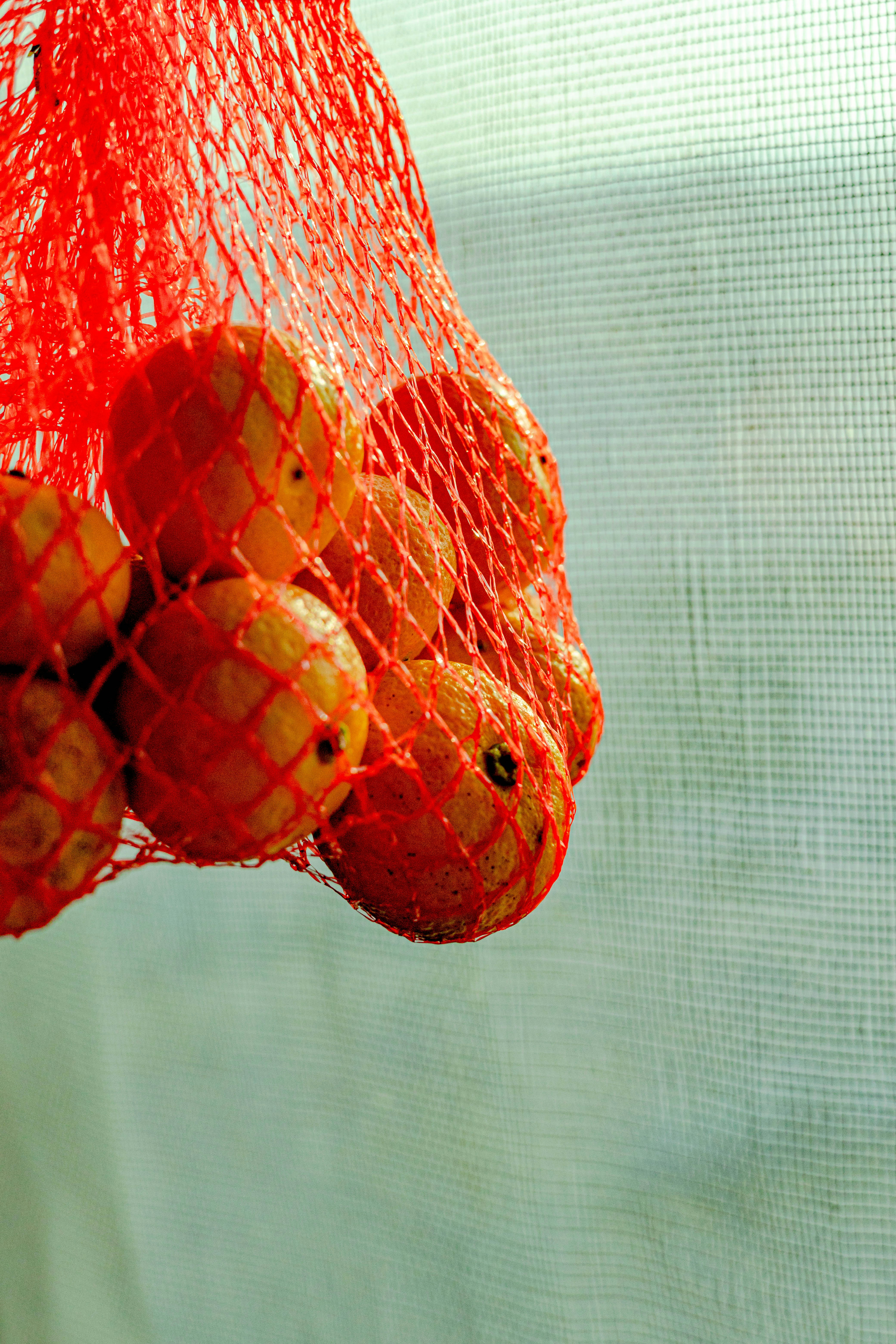 a red net bag filled with oranges on top of a window sill