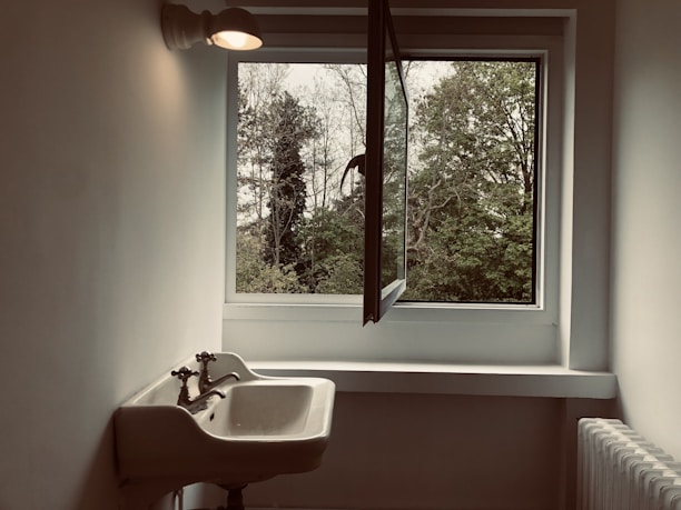 A minimalistic interior scene featuring a wall-mounted sink with vintage-style taps, placed beneath a light fixture. An open window reveals a view of trees and foliage outside, allowing natural light to fill the space. A radiator is visible on the right side of the image.