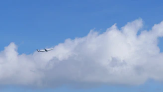 An airplane soaring above fluffy clouds under a bright blue sky, symbolizing the spirit of travel and adventure.
