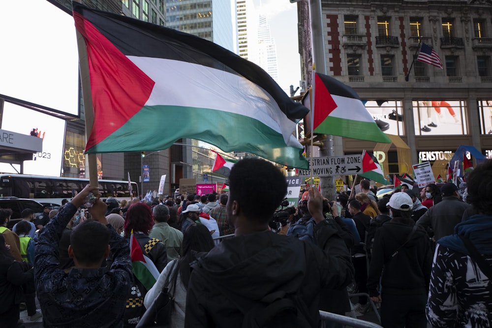 a crowd of people holding flags and signs