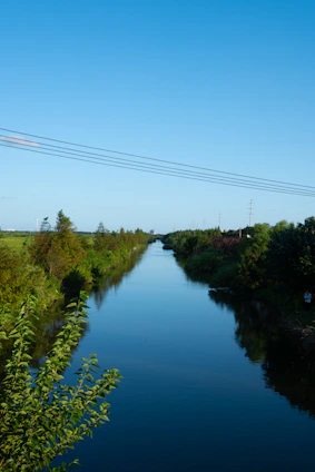 An engineer examining a detailed floodplain map beside a flowing river under a clear blue sky.