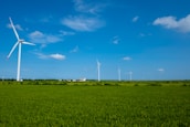 Several wind turbines are scattered across a vast, green countryside under a bright blue sky with a few scattered clouds. A small building is visible in the distance, surrounded by lush greenery.