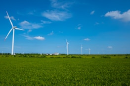 Several wind turbines are scattered across a vast, green countryside under a bright blue sky with a few scattered clouds. A small building is visible in the distance, surrounded by lush greenery.
