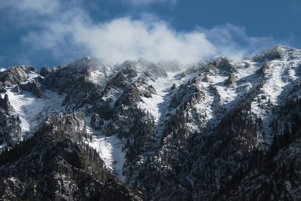 a mountain covered in snow under a cloudy blue sky