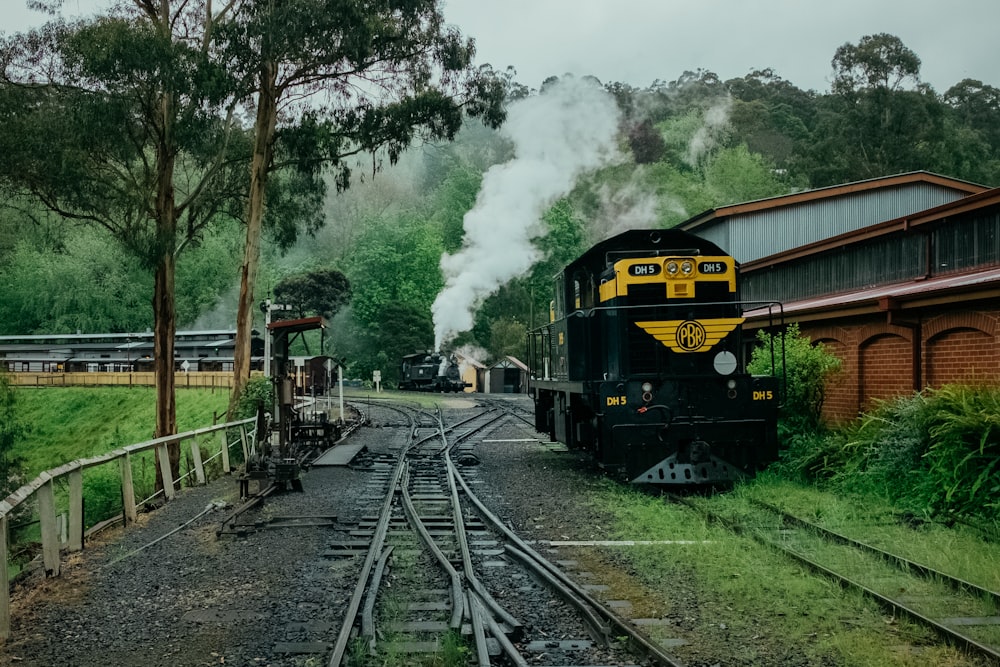 a train traveling down train tracks next to a forest