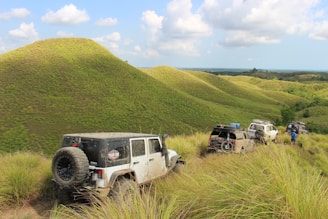 A group of off-road vehicles is traversing a scenic, grassy landscape with rolling hills and scattered clouds in the sky. The terrain is lush and green, suggesting a natural, unspoiled environment. A person in a blue outfit is seen near one of the vehicles, adding a sense of adventure and exploration to the scene.