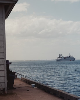 A person sits on a dock, fishing with a rod while a large cruise ship sails in the background over the calm ocean waters. The sky is partly cloudy, and the scene conveys a sense of tranquility and leisure.