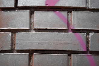 Rectangular bricks with a rough texture are arranged in a neat pattern. A streak of pink spray paint crosses over several bricks, adding a vibrant contrast to the muted color of the bricks.