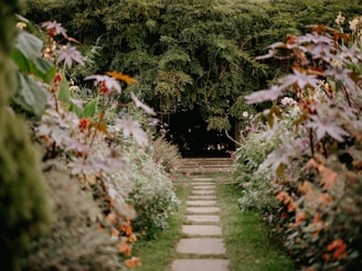 A serene garden pathway lined with blooming plants and flowers.