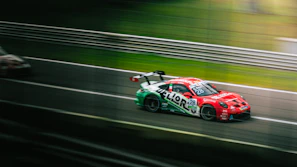 A dynamic shot of a racing car speeding on a track with blurred background