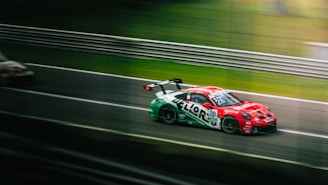 A dynamic shot of a car racing on a track.
