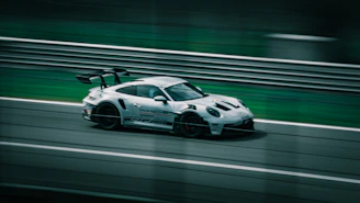 A sleek high-performance car speeding on a racetrack at dusk, with motion blur emphasizing power and precision.