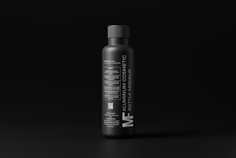 A sleek, matte black aluminum bottle stands against a dark background. The label features modern, minimalist typography in white, detailing the product as a cosmetic bottle mockup. The overall design conveys a luxurious and contemporary feel.