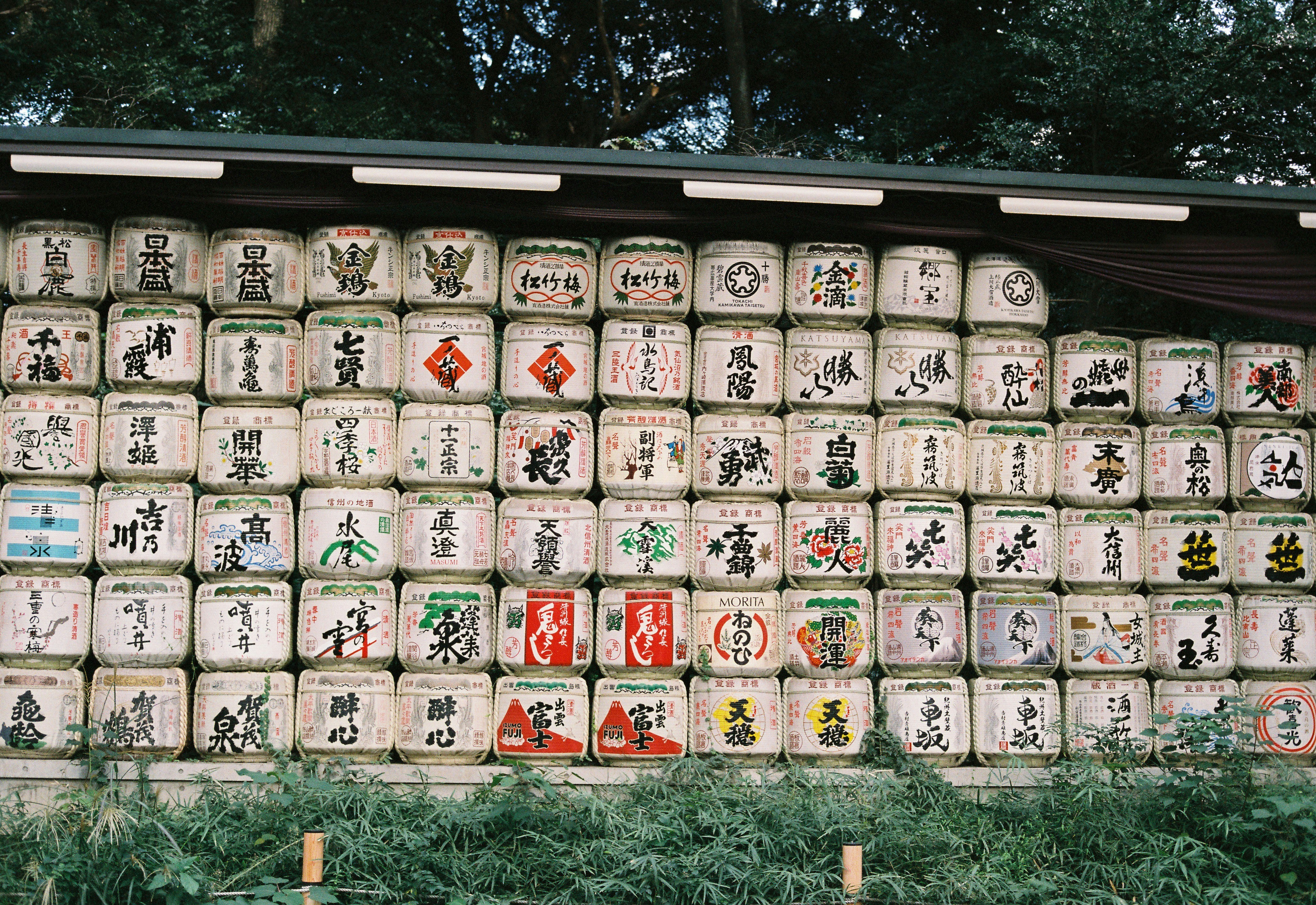 Close-up of Japanese people throwing coins into a large wooden offering box at a shrine