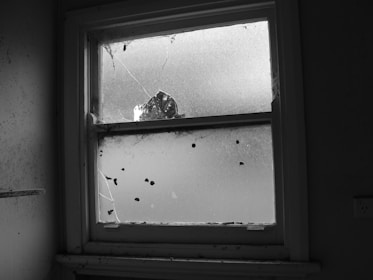 A broken window frame with visible mold around the edges.