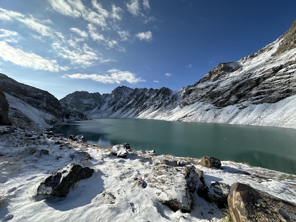 Un lago circondato da montagne innevate sotto un cielo azzurro