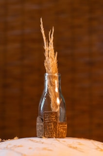 a glass jar with some dried plants in it