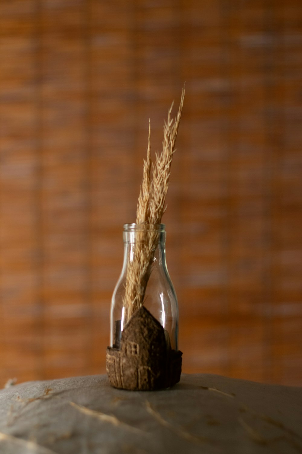 a glass bottle with a dried plant in it