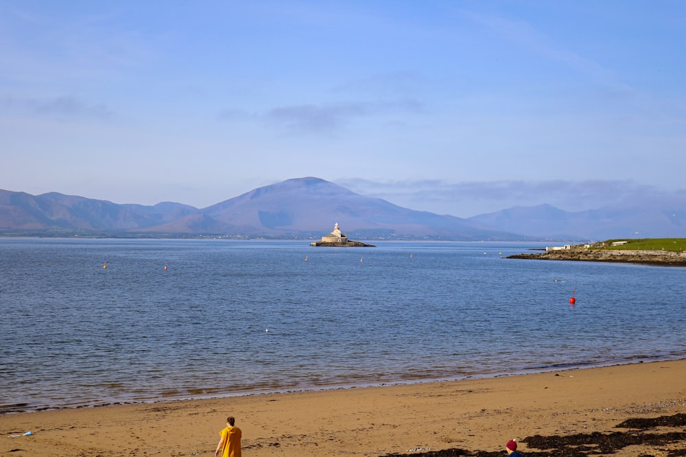 a person standing on a beach next to a body of water