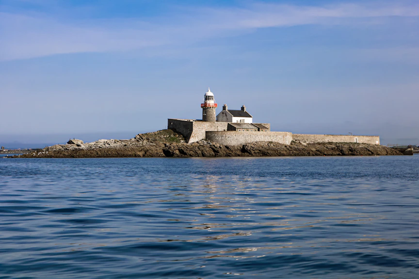 A lighthouse on a small island in the Atlantic