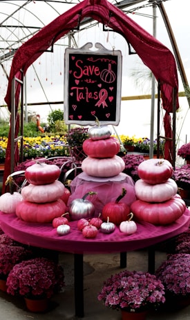A decorative setup featuring stacked pumpkins in shades of pink, placed on a round table covered with pink fabric. Above them is a sign reading 'Save the Tatas' with heart motifs and a pink ribbon. The background shows a greenhouse environment with potted flowers in vibrant colors, enhancing the lively atmosphere.