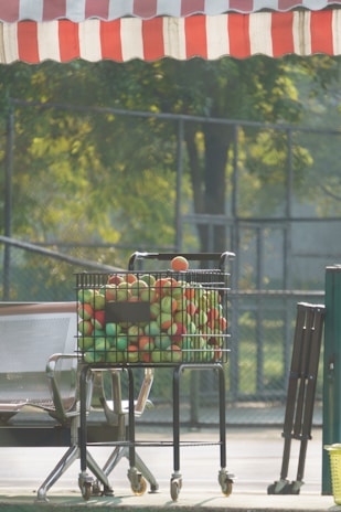 A cart filled with various colored tennis balls is positioned next to a metal bench on a sports court. In the background, a fence and tall trees can be seen, creating a serene and leisurely ambiance. A red and white striped canopy is partially visible at the top of the image, suggesting a shaded area.