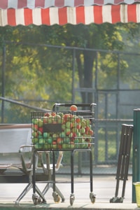 A cart filled with various colored tennis balls is positioned next to a metal bench on a sports court. In the background, a fence and tall trees can be seen, creating a serene and leisurely ambiance. A red and white striped canopy is partially visible at the top of the image, suggesting a shaded area.