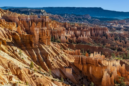 A vast landscape featuring dramatic geological formations known as hoodoos, with towering rock spires in varying shades of orange and brown. The scene includes a backdrop of distant mountains under a clear blue sky, with scattered green vegetation adding contrast to the arid terrain.
