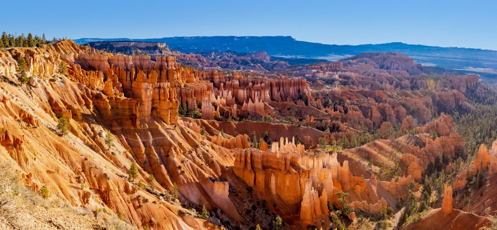 a scenic view of a mountain range with trees in the foreground