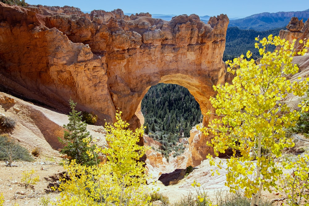 a view of a rock arch in the mountains